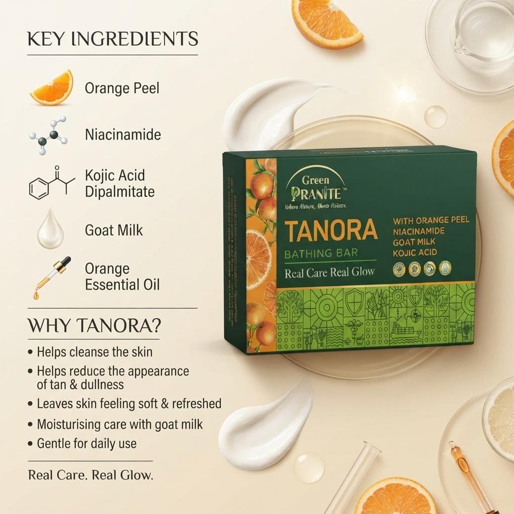 TANORA key ingredients: orange peel, niacinamide, kojic acid dipalmitate, goat milk and orange essential oil.